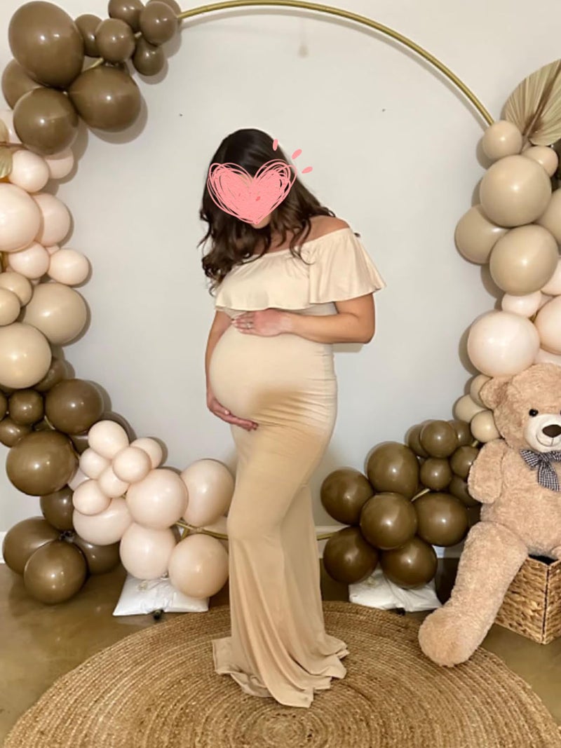 Glampunch Womens Off Shoulder Maternity Dress Ruffles Elegant Slim Gowns Fit Maxi Photography Dress Beige - Image 3